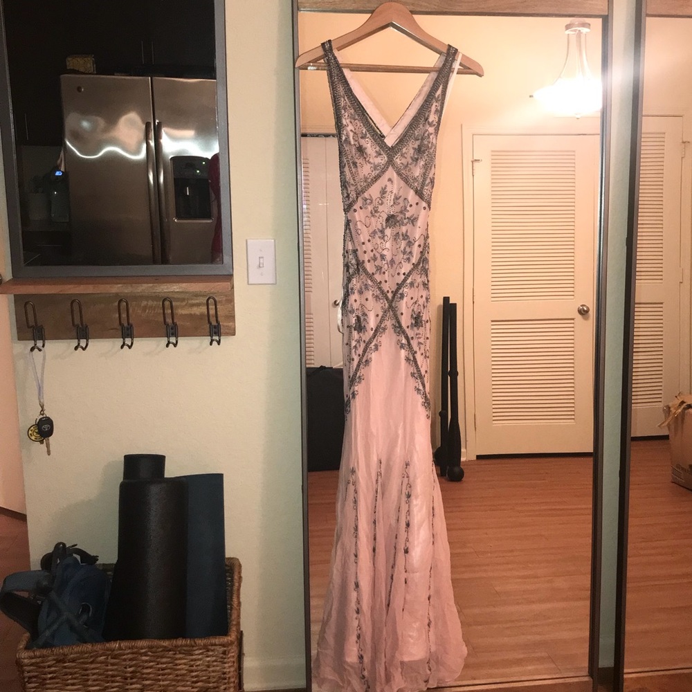 Cache silk and beaded open low back gown